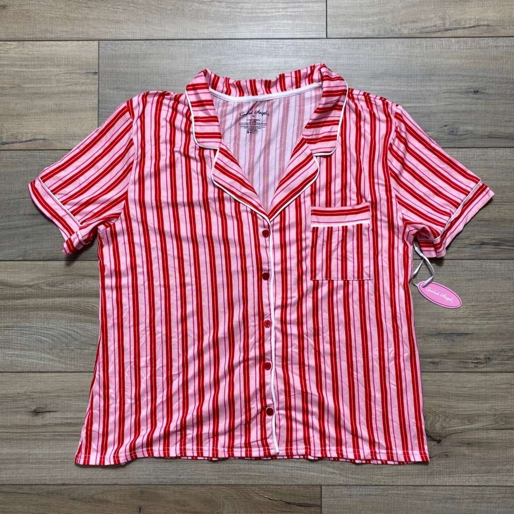 Spoiled Angel Juniors‎ Button Up Striped Pajama Top Size XL Pink Red White